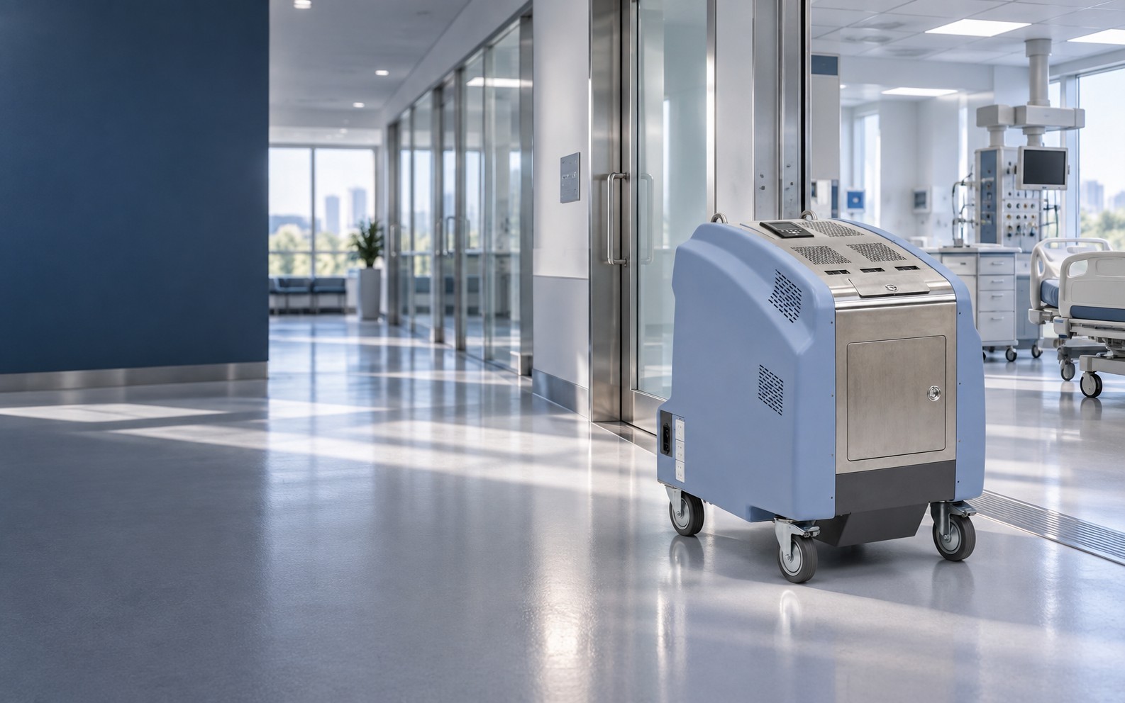 Corredor de um ambiente hospitalar com a estação Sterozone posicionada junto à entrada da ala