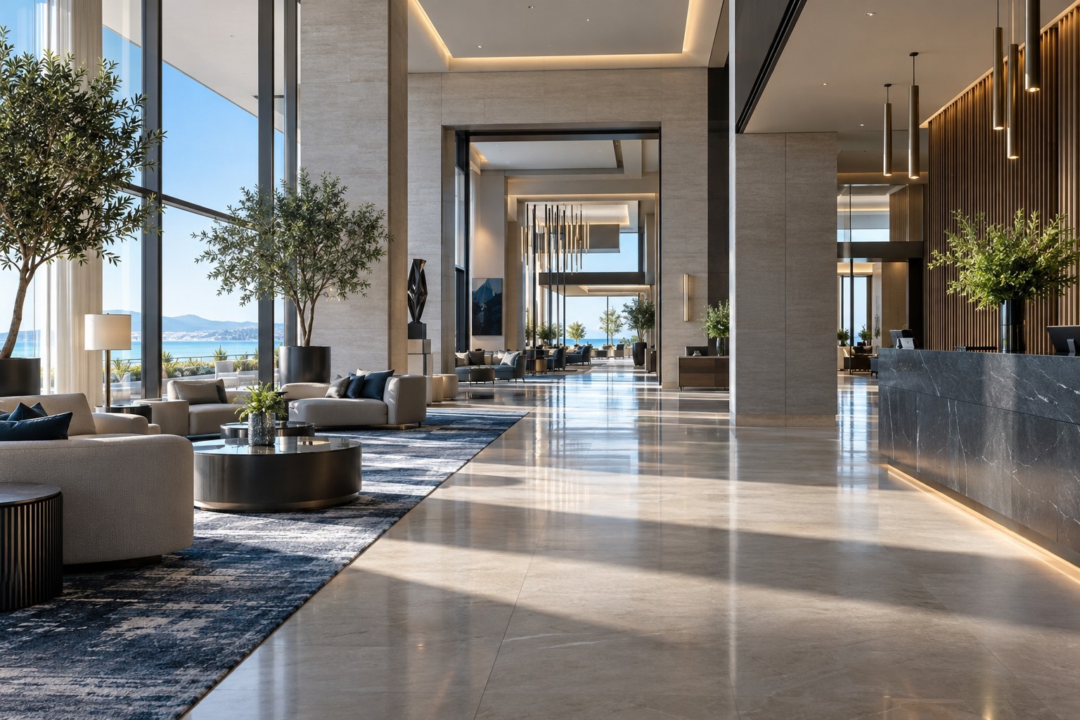 Lobby amplo de um hotel, ambiente de grande escala e alta exigência operacional